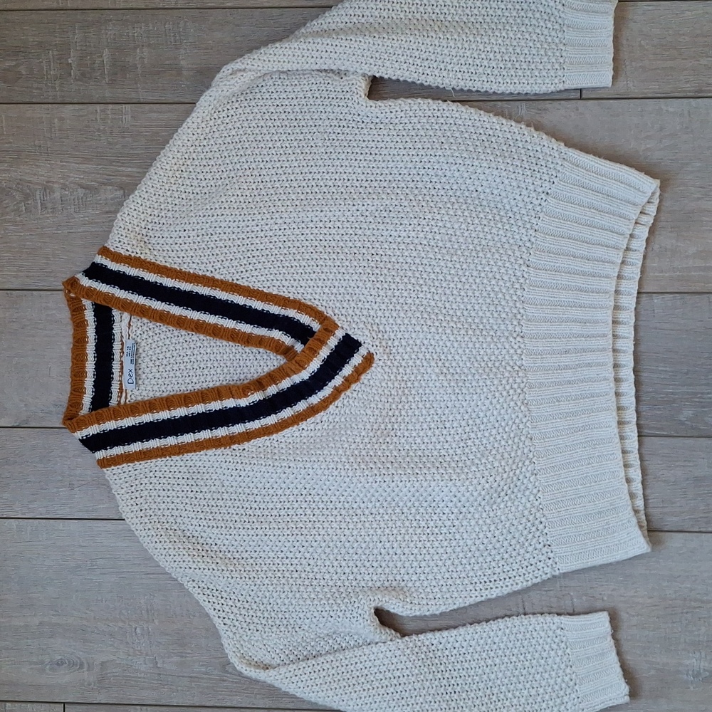 Women's XS Oversize Dex Cream, Navy & Dark Yellow V-Neck Sweater